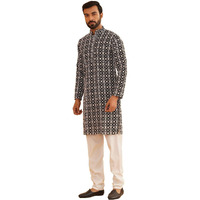 Sojanya (Since 1958 Mens Cotton Gold Sequence Embroidered Black Kurta With White Churidaar Pyjama