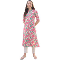 Stylum Womens Floral Printed Cotton Flax A-Line Kurta (Pinkjazzy36_Pink, S)