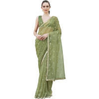 Womanista Women's Green Colored Shimmer Net Saree With Sequinned Butti And Embroidered Border(Ti6889_Green_Onesize)
