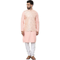 Sojanya (Since 1958 Men's Pure Cotton Peach Kurta And White Pyjama With Sequins Pink Nehru Jacket