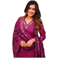 Shiv Textiles Women's Chanderi Silk Embroidered Kurta Pant Dupatta Set(Jda-Zarana-Wine-Xxl)