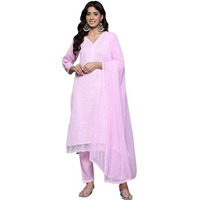 Varanga Women Pink V Neck Chikankari Embroidered Kurta With Tonal Bottom And Chiffon Dupatta.