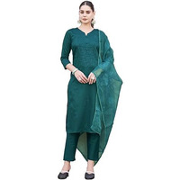 Womanista Women's Cotton Blend Kurta With Trouser & Dupatta (Kurtaset_1415_Teal Green_M)