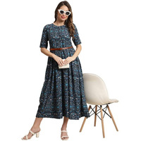 Preneum Girls's Georgette Floral Printed 3/4 Slevees A-Line Fit & Flare Gown With Belt, Blue, M