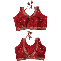 Pujia Mills Women's Indian Ethnic Wear Designer Golden Zari Embroidery With Sequence Work V Neck Sleeveless Readymade Worked Saree Blouse Readymade Red Color Blouse For Lehenga Choli