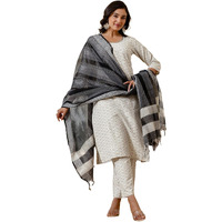 Sanisa Women's Cotton Weaving Straight Kurta With Pant And Dupatta Set (234Kbd2472Nb-Xxl_Creme & Black)