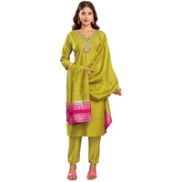 Sanisa Women's Silk Blend Sequins And Embroidery Straight Kurta With Pant And Dupatta Set (192Kbd2047N-Xl_Mustard Green)