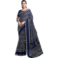 Satrani Women's Dola Silk Varli Printed Sequence And Zari Border Saree With Unstitched Blouse Piece (3636S211N_Dark Blue1)