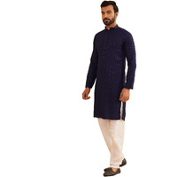 Sojanya (Since 1958 Mens Sequinned Embroidered Navy Blue Cotton Kurta And White Pyjama Set