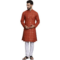 Sojanya (Since 1958 Mens Cotton Blend Orange Kurta And White Churidar Pyjama Set