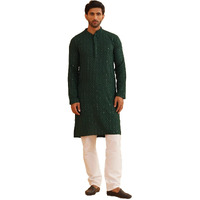 Sojanya (Since 1958 Mens Pure Cotton Green Embroidered Sequined Kurta And White Pyjama Set