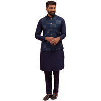 Kisah Mens Kurta Jacket Trouser Set, Navy Blue Cotton Blend, Embroidered Regular Fit Mandarin Collar Long Sleeves (L)