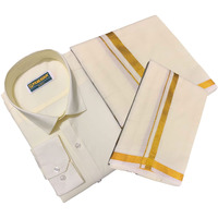 Prakasam Cotton Mens Cotton Wedding Set-Full Sleeve Cream Shirt+8 Yard Dhoti (1.28X3.70 Mtrs)+Single Cream Towel (40, Cream)