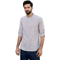 See Designs Mens Roll-Up Sleeve Mandarin Collar Brown Woven Striped Cotton Short Kurta - Sdkt2953M