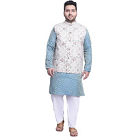 Sojanya (Since 1958 Mens Silk Blend Pblue Kurta & Cream Printed Nehrujacket With White Pyjama