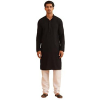 Sojanya (Since 1958 Mens Cotton Embroidered Thread Work Black Kurta With White Churidar Pyjama