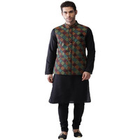 Kisah Mens Kurta Jacket Churidar Set, Cotton Blend Printed Mandarin Collar Long Sleeves, Multi Ethnic Set For Men, 38