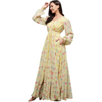 Miss Chase Women's V-Neck Bishop Sleeve Floral Gathered Chiffon Maxi Dress (Mcss25D93-25-278-02, Multicolored Base Lime Yellow, Xs)
