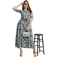 Preneum Girls's Georgette Floral Printed 3/4 Slevees A-Line Fit & Flare Gown With Belt, Sky Blue, S