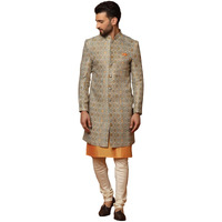 Kisah Mens Silver And Orange Indo-Western Kurta Sherwani Churidar Set Cotton Full Sleaves, Knee Length, Straight, Regular Fit, Mandarin Collar Ethnic Wear