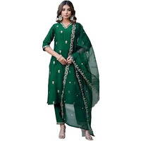Sanisa Womens Silk Blend Embroidery Work Straight Kurta With Pant And Dupatta Set (195Kbd2074N-Xl_Dark Green)
