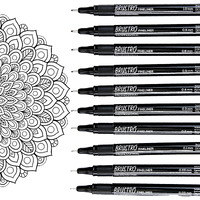 BRUSTRO Professional Pigment Based Fineliner Pen | Black | Set of 10 - Tip Sizes - 0.03, 0.05, 0.1, 0.2, 0.3, 0.4, 0.5, 0.6, 0.8, 1 mm, Ideal For Mandala, Drawing,Artist Illustration,Sketching