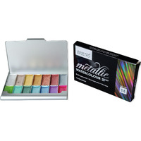 BRUSTRO Artists Metallic Watercolour Pocket Set of 14 Half Pans | Richly Pigmented, Semi Moist Pans, Ideal for Still life, Portrait, Landscape, Watercolour Paintings.