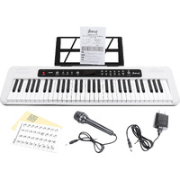 Juarez Jrk664 61-Key Electronic Keyboard  200 Rhythms, 200 Tones, 70 Demo Songs, Mic, Adapter, Keynote Stickers, Stand, Record & Play, White  Beginner Kit With Display