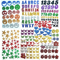 Eclet Glitter Foam Self Adhesive Alphabets; Butterflies; Stars; Numeric; Hearts; Flowers And Smiley Mix Stickers For Art And Craft (Multicolour; Medium) -Set Of 7 Sheets