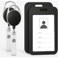 Accuprints Pack Of 2 Sliding Badge Holder Hard Black Vertical Plastic Card Case Protector With Retractable Badge Reel Carabiner For Office School Id Credit Proximity Key Card DriverS License And Pass