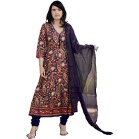 KLOSIA Women Printed Anarkali Kurta and Pant with Dupatta Set (in, Alpha, S, Maroon)