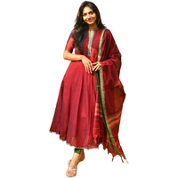 ANNI DESIGNER Women's Rayon Viscose Solid Anarkali Kurta with Dupatta (Dindi Red_XL_Red_X-Large)