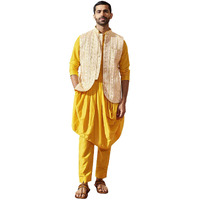 VASTRAMAY Men's Yellow Viscose Jacket, Kurta And Pyjama Set, Silk Blend Jacquard Nehru Jacket, Kurta And Pyjama Set For Men, Traditional Indian Festive & Ethnic Wear