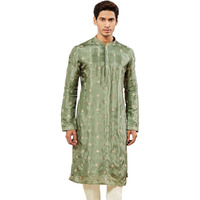 VASTRAMAY Men's Green Tissue Silk Kurta with Golden Embroidery - Perfect for Weddings and Festivals