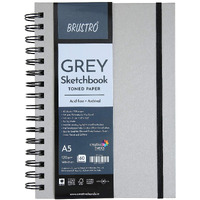 BRUSTRO Toned Paper - Grey Sketchbook | A5, 120 GSM | 60 Sheets/120 Pages |Wiro Bound, Spiral, Drawing, Sketching, Acid-free Paper, Dry media, Mandala Art, Graphite, Charcoal, Colour pencils, Gel pens