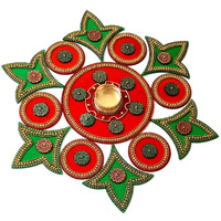 Moira  Plastic Reusable Rangoli With Diya, Red And Green, 15 Inch Diameter