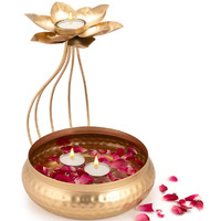 Craftvatika Metal Lotus Tealight Candle Holder For Diwali Decoration Items With Base Of Urli Bowl -Diwali Gift Items-Urli Bowl For Home Decor