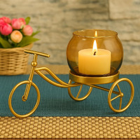 Centralit Cycle Shape Gold Tealight Candle Holder For Diwali Home Decor Center Table Bedroom Living Room Office Decorative Gift Items Flower Pot Stand With Amber Glass Cup,Return Gift