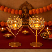Centralit Gold Crystal Tea Light Holder Set Of 2 Tea Light Stand Shape Rose Votive Lotus Candle Holder For Home Decoration Diwali Diya Puja Gifts (Set Of 2)