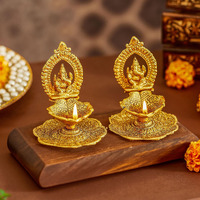 Tied Ribbons Set Of 2 Ganesh Metal Diya Oil Lamp Deepak (11 Cm X 9 Cm) - Diwali Decoration Items For Home Decor Pooja Room Mandir Temple Table Office Gift Items
