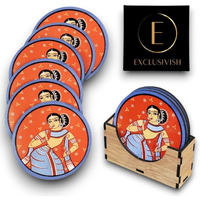 Exclusivish Madhubani Woman Art Wooden Coaster Set Of 6 With Holder & Box  Dining Table Accessories | Indian Handicraft | Diwali Gifts For Family And Friends