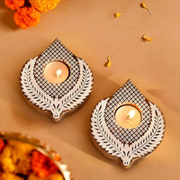 Tied Ribbons Set Of 2 Handicraft Wooden Leaf Design Tealight Candle Holder Stand (12.7 Cm X 10.1 Cm) - Diwali Decoration Items For Home Decor Table Pooja Room Decorative Gift