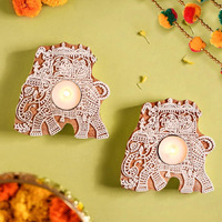 Tied Ribbons Set Of 2 Handicraft Wooden Elephant Design Tealight Candle Holder Stand (12.7 Cm X 11.4 Cm) - Diwali Decoration Items For Home Decor Pooja Room Table Decorative Gift