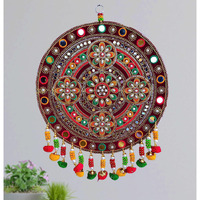 Reptum Decor Velvet Traditional Round Floral Design Diwali Decoration Wall Decor Handicraft Wall Hanging - 1 Piece, Multicolour