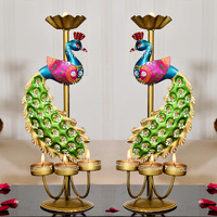 Craftvatika Elegant Metal Peacock Candle Holder -For Home Decoration Diwali, Intricate Design Tealight Candle Holders For Home Diwali Decor, Handpainted Tealight Candle Holder (Double Side)