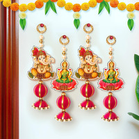 Tied Ribbons Set Of 4 Laxmi Ganesh Subh Labh For Wall Hanging Door Latkan Toran With Bells (Multi, 9 Inch) Shubh Labh For Home Decor Door Entrance Pooja Room Temple Diwali Decoration Item For Home