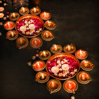 Tied Ribbons 2 Pcs Decorative Urli Bowl With 10 Attached Oil Diyas For Floating Flowers And Tealight Candles (29 Cm X 5 Cm) - Diwali Decoration Items For Home Decor Center Table Pooja Room Office