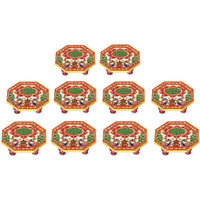 Handicrafts Paradise Marble Octagonal Puja Chowki Painted With Peacock Design-Set Of 10 Pieces