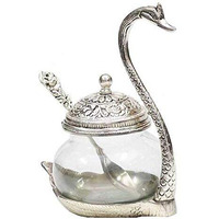 Prince Home Decor & Gifts Aluminum Duck Shaped Blue Colored Glass Bowl Tray Set With Spoon (11 X 15 X 11 Cm, Silver)