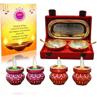 Collectible India Premium Diwali Gift Hamper Items Combo Gold & Silver Plated Brass Bowl Set With Velvet Box With Set Of 4 Wax Matki Diwali Candles Tealight Diya & Greeting Card For Family Friends